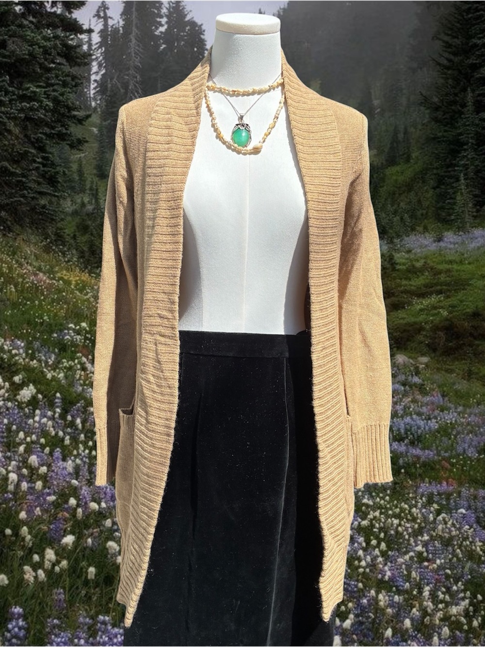 H&M Camel Open Front Cardigan XS Long Pockets